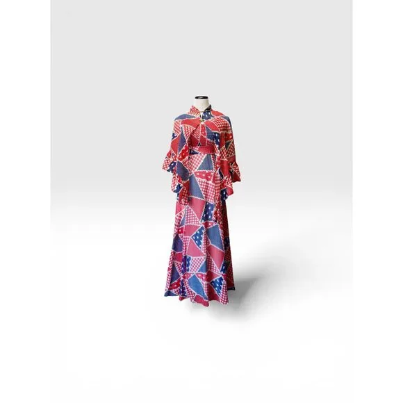 1960s/70s Vintage Red, White & Blue Patchwork Dress + Capelet, size xs - Picture 2 of 8